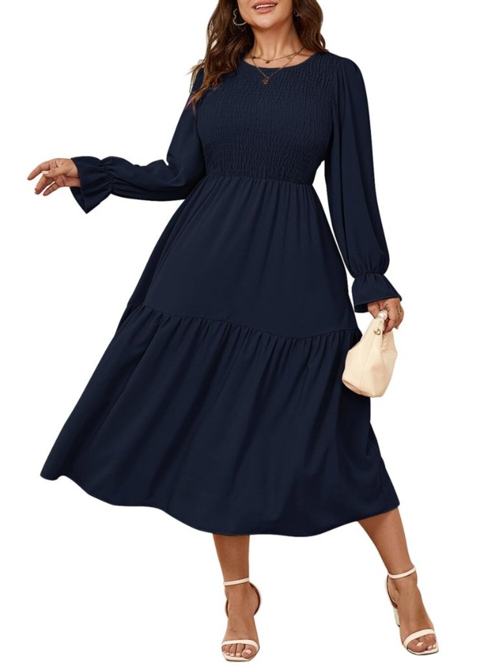 Women's Plus Size Dress Long Sleeve Crewneck Smocked Tiered Flowy Boho Wedding